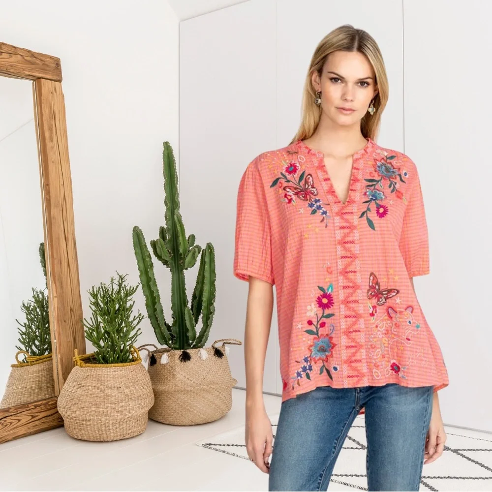Johnny Was Olinda Embroidered Puff Sleeve Textured Blouse